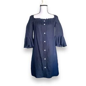 Sleeper Jane Linen Mini Dress Sz XS/S Navy Blue Button Front 3/4 Ruffle Sleeves